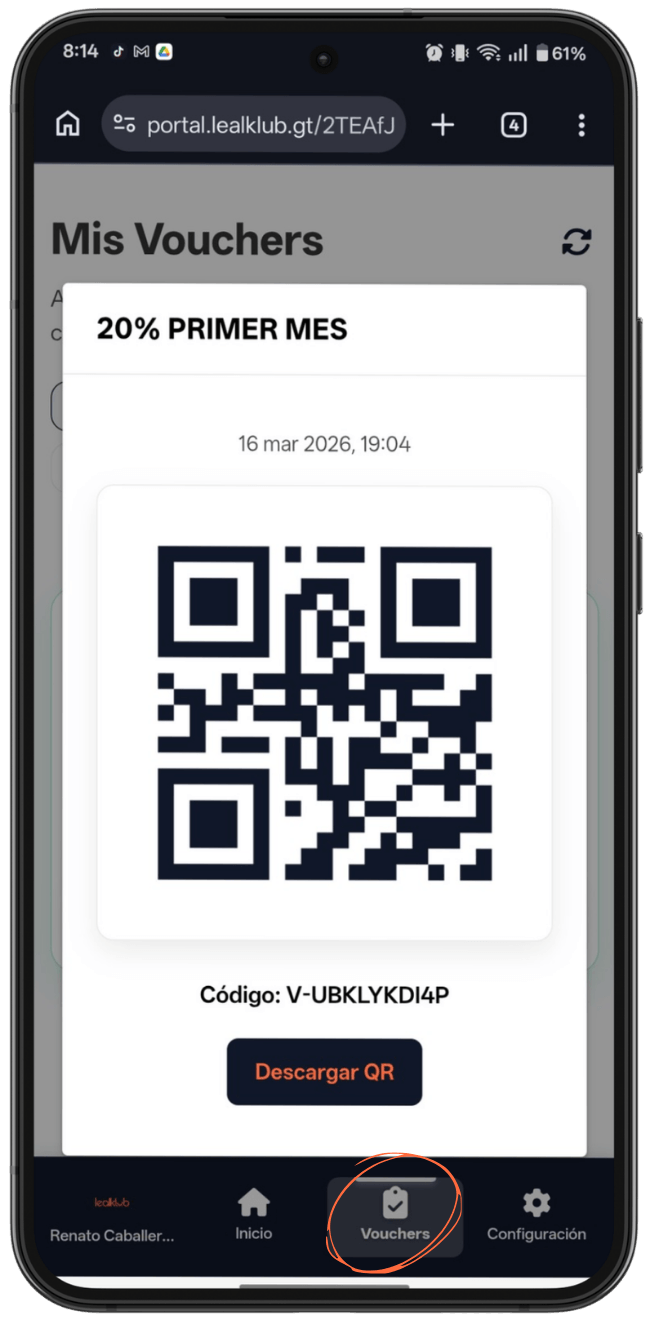 Pantalla de voucher con QR