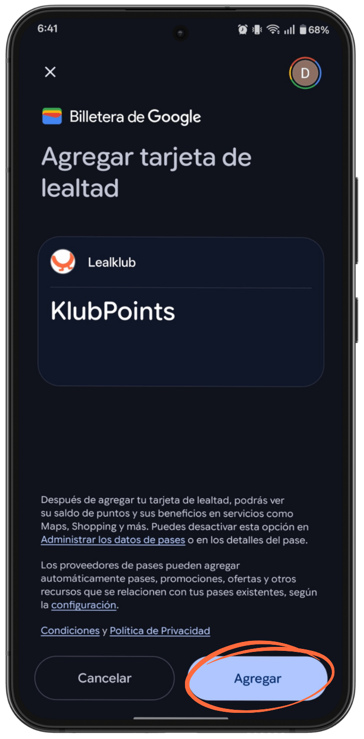 Tarjeta en Google Wallet