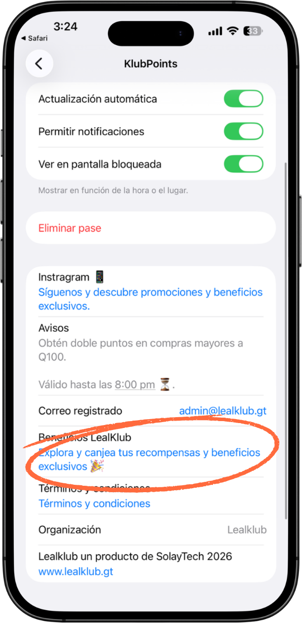 Menú del pass con enlace