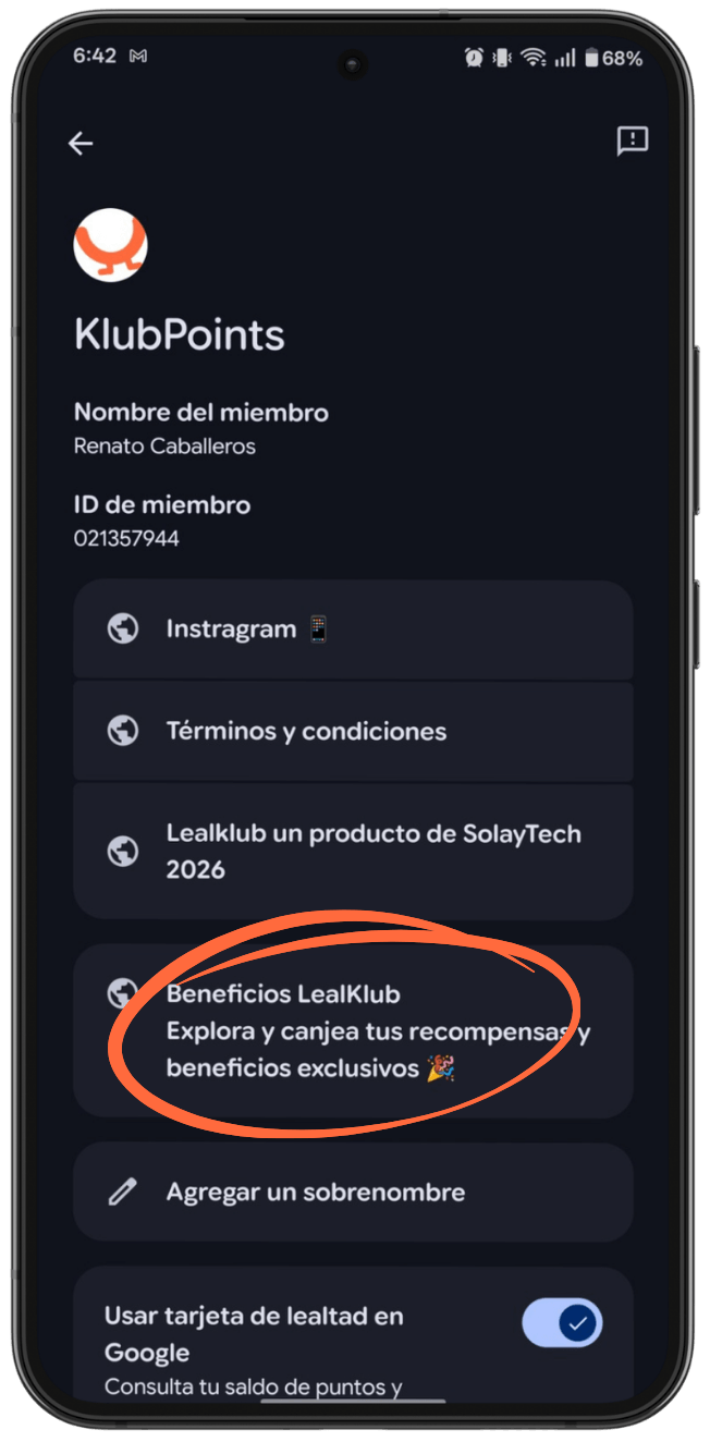 Menú del pass con enlace