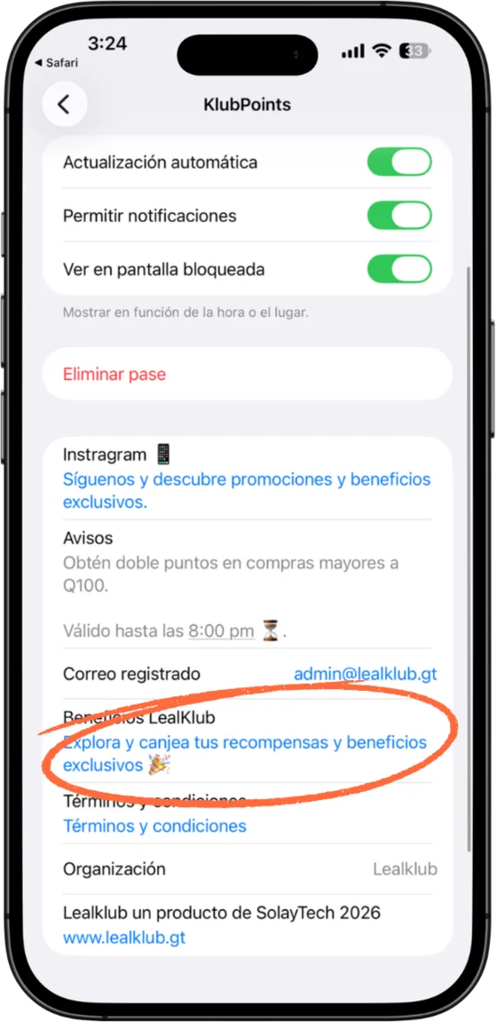 Reverso de la tarjeta con el enlace