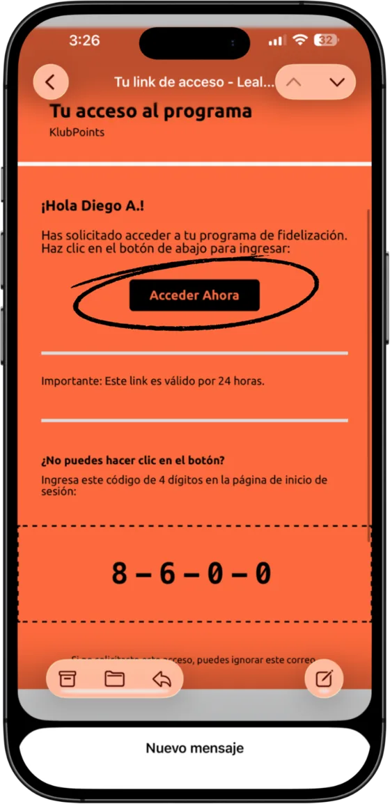 Correo con enlace y código de acceso